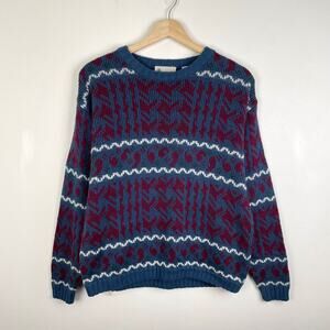 Vintage 90s Grandpa Sweater Mens M Blue Multicolor Chunky Knit Abstract Artsy